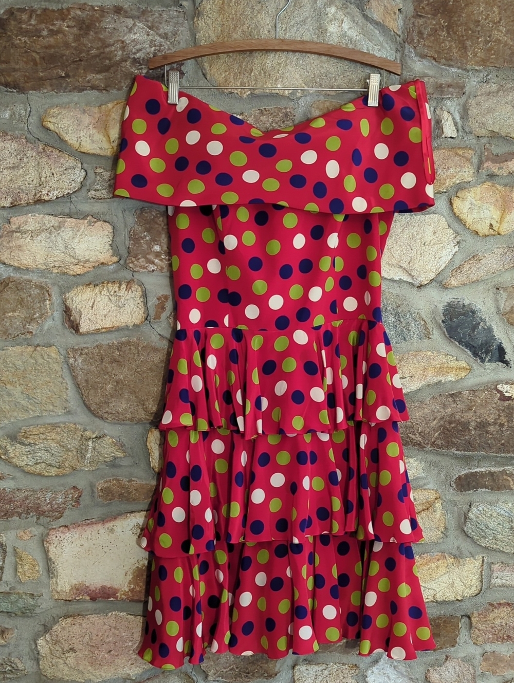 bill blass 100% Silk Red Polka Dot Dress with Blue and Green Accents